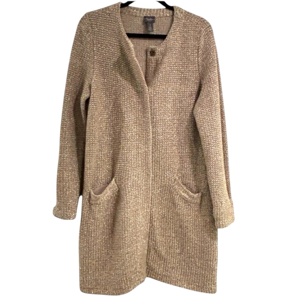 Chico's Travelers Gold Metallic Knit Long Cardigan  Sweater Size 1